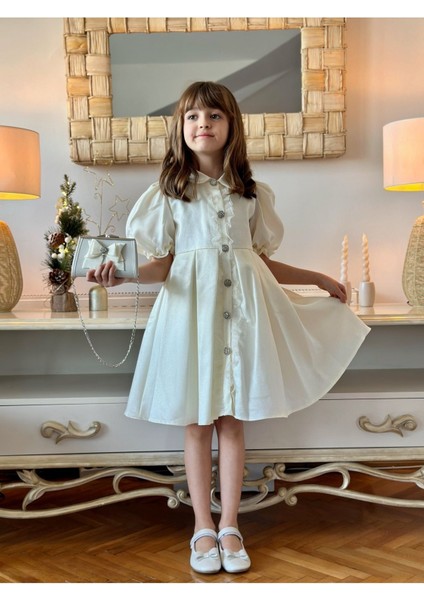 Kız Çocuk Özel Gün Kısa Abiye Elbise - Düğmeli Özel Tasarım ve Çanta AKSESUARLI_M2446