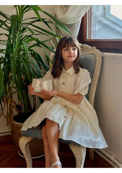 Kız Çocuk Özel Gün Kısa Abiye Elbise - Düğmeli Özel Tasarım ve Çanta AKSESUARLI_M2446 fiyatları