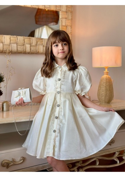 Kız Çocuk Özel Gün Kısa Abiye Elbise - Düğmeli Özel Tasarım ve Çanta AKSESUARLI_M2446 modelleri