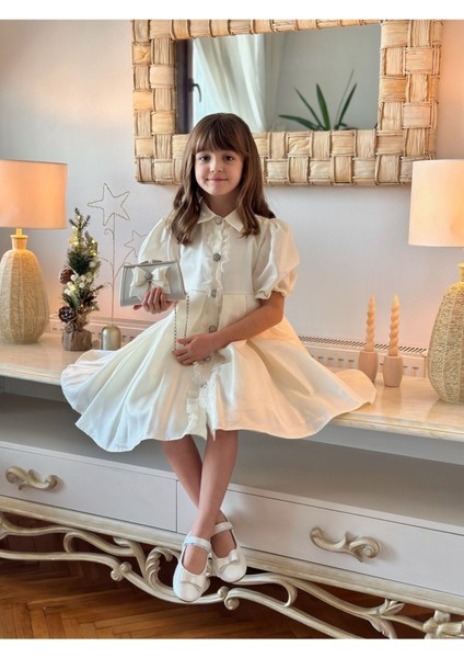 Kız Çocuk Özel Gün Kısa Abiye Elbise - Düğmeli Özel Tasarım ve Çanta AKSESUARLI_M2446 fırsatları