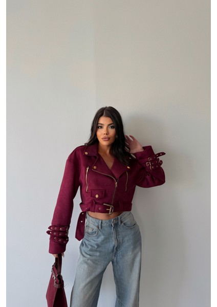 Süet Crop Ceket Kol 3 Kemer Detaylı - Bordo
