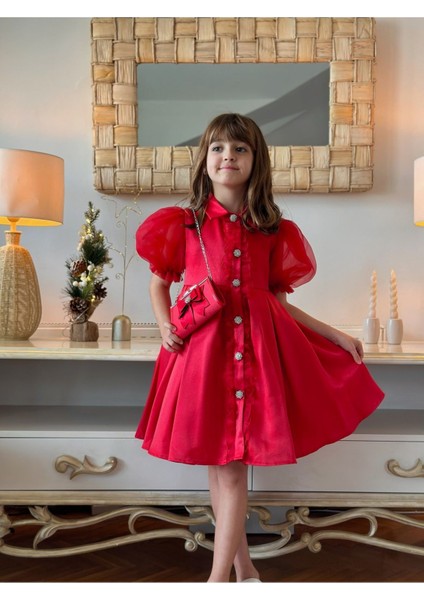 Kız Çocuk Özel Gün Kısa Abiye Elbise - Düğmeli Özel Tasarım ve Çanta AKSESUARLI_M2446