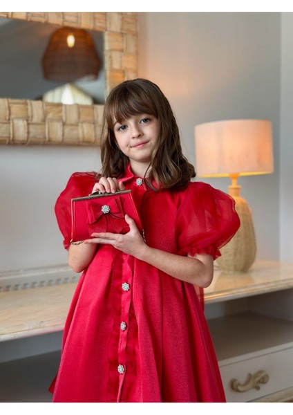 Kız Çocuk Özel Gün Kısa Abiye Elbise - Düğmeli Özel Tasarım ve Çanta AKSESUARLI_M2446 fiyatları