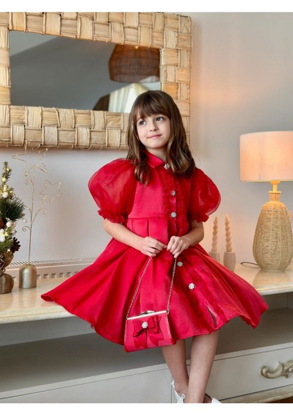 Kız Çocuk Özel Gün Kısa Abiye Elbise - Düğmeli Özel Tasarım ve Çanta AKSESUARLI_M2446 fırsatları