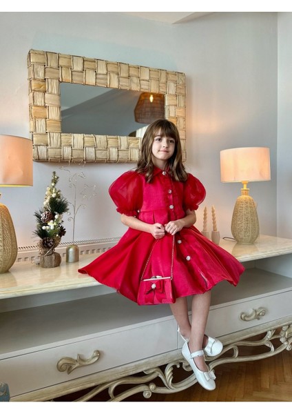 Kız Çocuk Özel Gün Kısa Abiye Elbise - Düğmeli Özel Tasarım ve Çanta AKSESUARLI_M2446 indirimleri