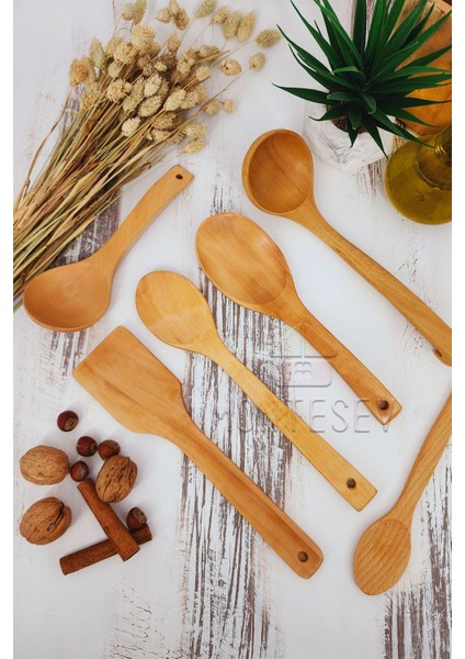6 Parça Ahşap Mutfak Kaşık Seti Kayın, Şimşir ve Bambu Ağacı, 6 Kişilik