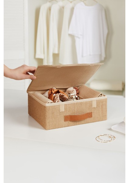 Jüt Kapaklı Dolap Çekmece Içi Takı Çamaşır Katlanır Saklama Kutusu Organizer 30 x 23 x 11