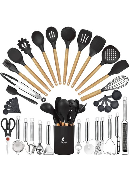 Isıya Dayanıklı Silikon Mutfak Seti 35 Parça Siyah Yapışmaz Spatula Seti