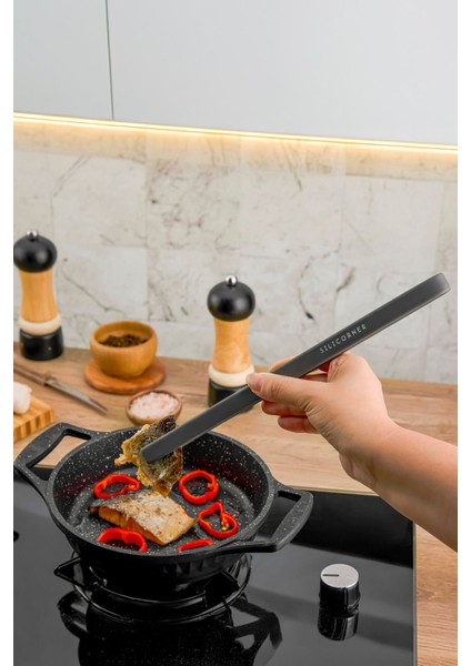 Antrasit silikon mutfak seti, pratik ve şık şef ve servis maşası, mikrodalga uyumlu