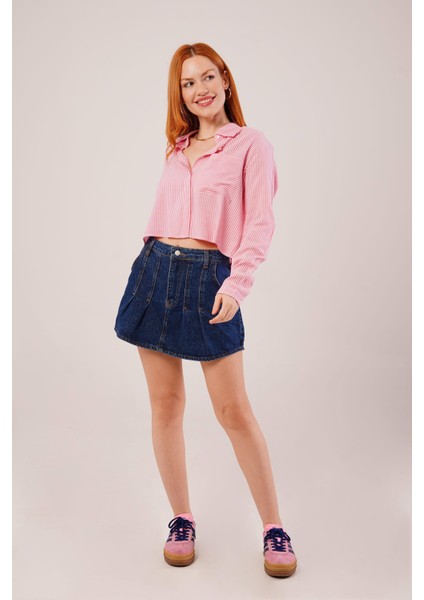 Tek Cep Çizgili Pembe Kısa Gömlek
