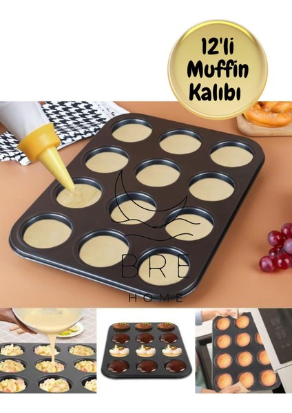 12'li siyah yapışmaz kek kalıbı, dayanıklı ve kullanışlı cupcake ve brownie tepsisi