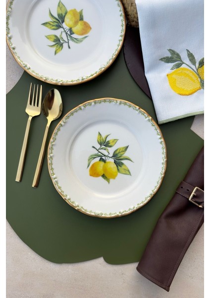 Yeşil 6 Kişilik Limon Desenli Porselen Pasta Tabağı Takımı