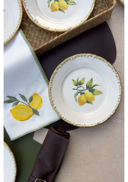 Yeşil 6 Kişilik Limon Desenli Porselen Pasta Tabağı Takımı fiyatları