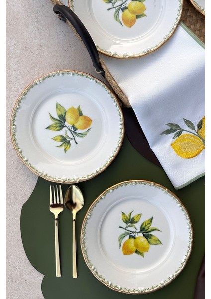 Yeşil 6 Kişilik Limon Desenli Porselen Pasta Tabağı Takımı modelleri