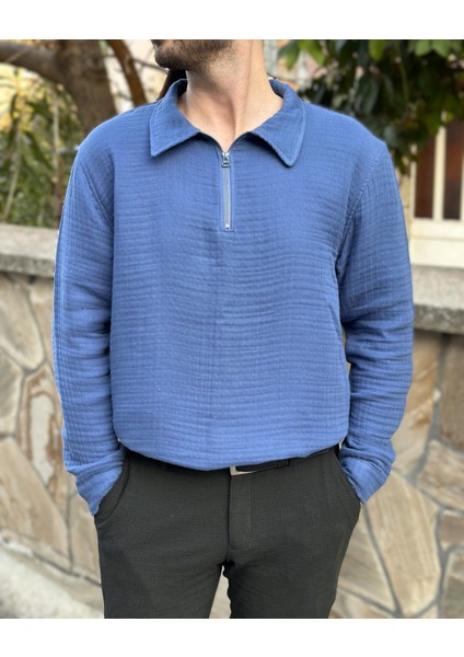 4 Kat Müslin Yazlık Rahat Mavi Erkek Gömlek