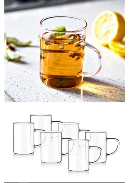 6'lı Cam Kupa Bardak Seti, Kulplu, İnce, 200-249 ml, Çay Bardağı
