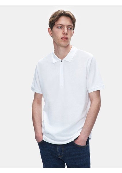 Erkek Polo Yaka Fermuarlı Kısa Kollu Regular Beyaz T-shırt fiyatları