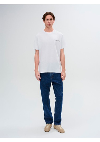 Erkek Kısa Kollu Sıfır Yaka Slogan Baskılı Regular Beyaz T-shırt