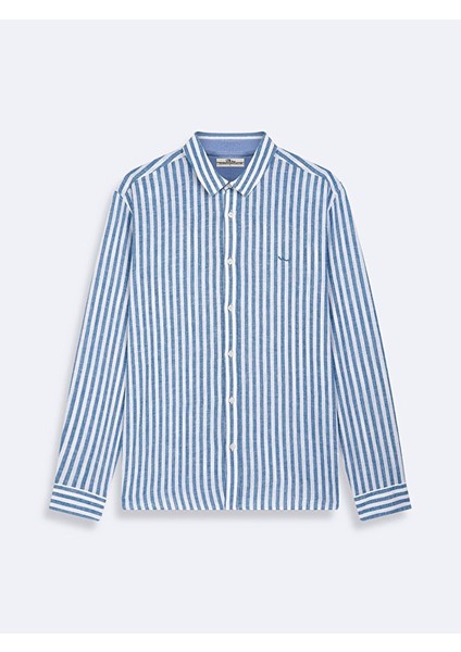 Erkek Çizgili Uzun Kollu Keten Görünümlü Regular Mavi Gömlek