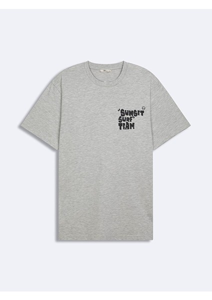 Erkek Kısa Kollu Sıfır Yaka Slogan Baskılı Regular Gri T-shırt