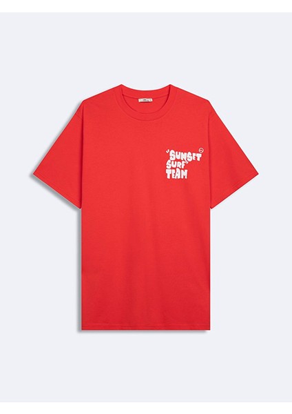 Erkek Kısa Kollu Sıfır Yaka Slogan Baskılı Regular Kırmızı T-shırt