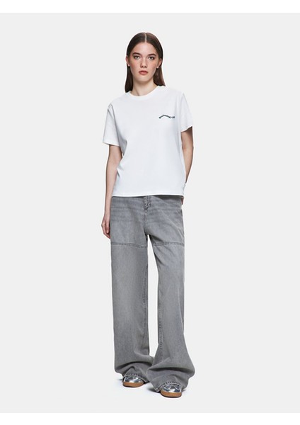 Kadın Sloganlı Ribanalı Regular Beyaz T-shırt