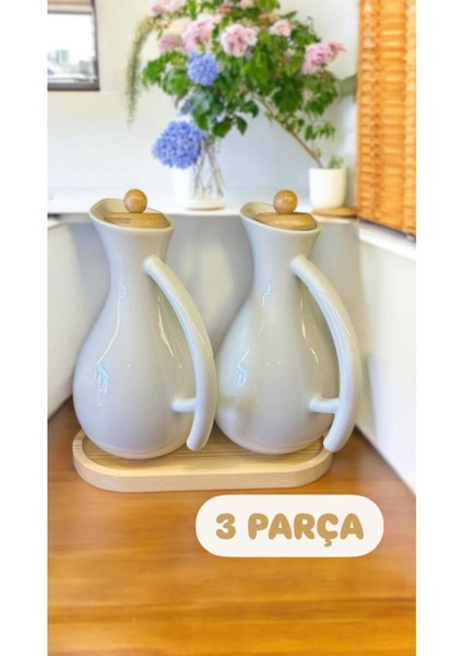 Fiona 1000 ml 3 Parça Ahşap Standlı 2'li Porselen Yağlık Seti - Bambu Kapaklı Yağdanlık Sirkelik Se