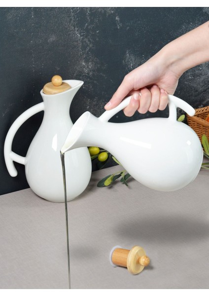 Fiona 1000 ml 3 Parça Ahşap Standlı 2'li Porselen Yağlık Seti - Bambu Kapaklı Yağdanlık Sirkelik Se