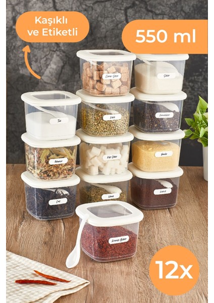 Foly 12'li Set Küçük Boy 0,55 Litre Etiketli Kaşıklı Kare Erzak Saklama Kabı Beyaz