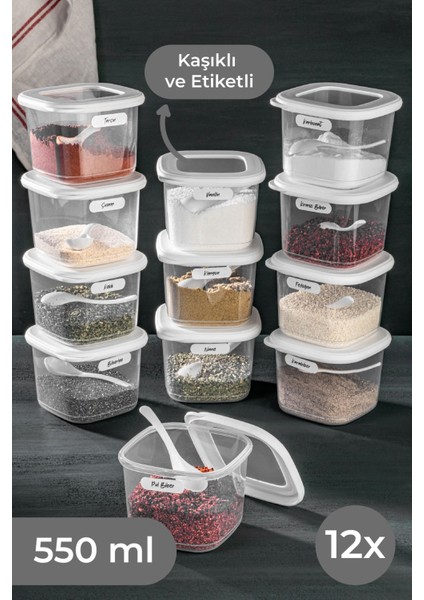 Foly 12'li Set Küçük Boy 0,55 Litre Etiketli Kaşıklı Kare Erzak Saklama Kabı Beyaz