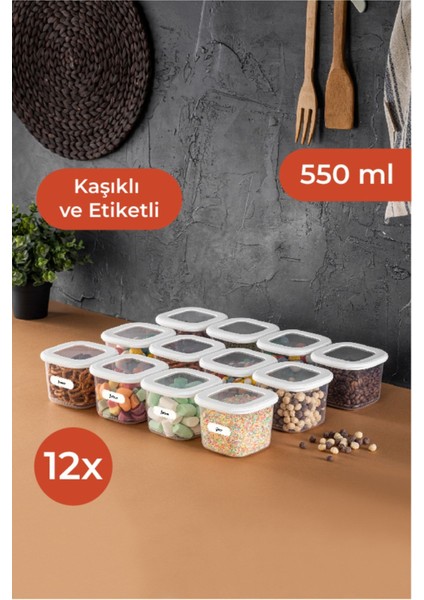 Foly 12'li Set Küçük Boy 0,55 Litre Etiketli Kaşıklı Kare Erzak Saklama Kabı Beyaz