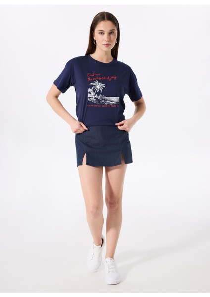 Bisiklet Yaka Baskılı Lacivert Kadın T-Shirt F5SL-TST0465 fiyatları