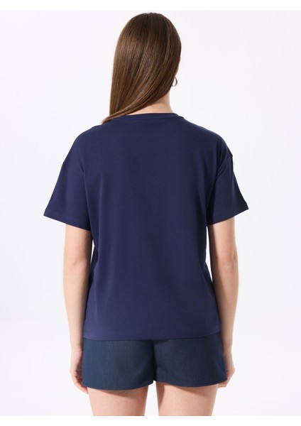 Bisiklet Yaka Baskılı Lacivert Kadın T-Shirt F5SL-TST0465 indirimleri