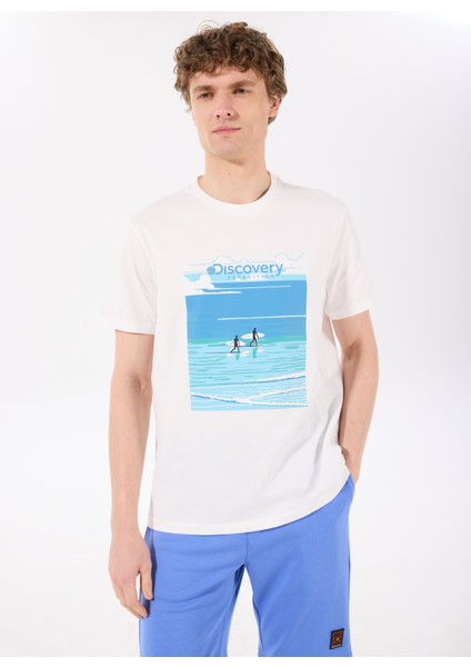 D5SM-TST3799 Beyaz Bisiklet Yaka Relaxed Baskılı Erkek T-Shirt