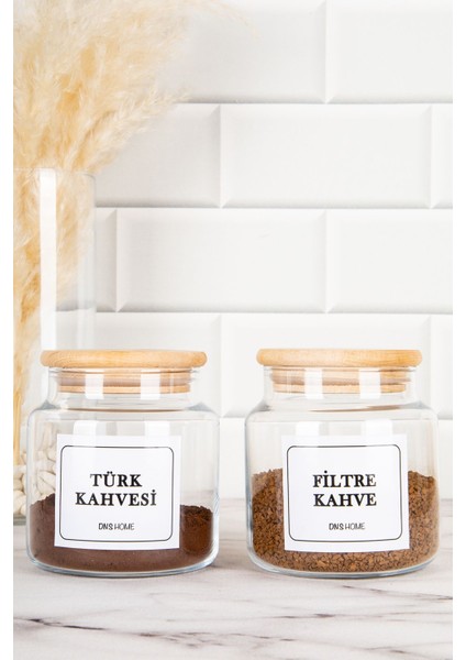 2'li Ahşap Vakum Kapaklı Etiketli Filtre Kahve ve Türk Kahvesi Saklama Kabı Cam Kavanoz 500 ml