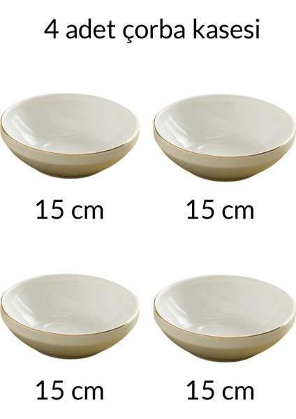 Modern Gold Krem 4 Kişilik 15 cm Porselen Çorba Kasesi Seti