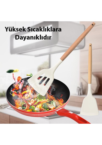 11 Parça Silikon Uçlu Ahşap Saplı Mutfak Seti ve Saklama Kutusu, Krem