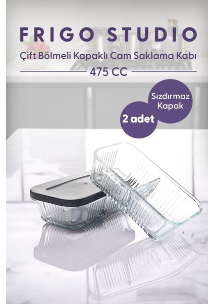 Frigo 2 Adet Bölmeli Kahvaltılık Tereyağlık Sızdırmaz Kapaklı Cam Saklama Kabı