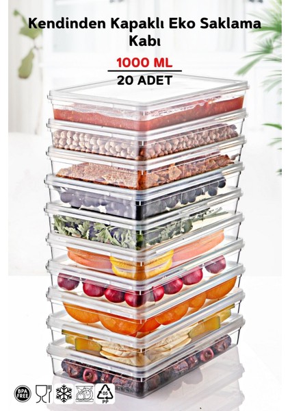 20'li Set Kendinden Kapaklı Derin Dondurucuya Uygun Saklama Kabı 1 Lt.