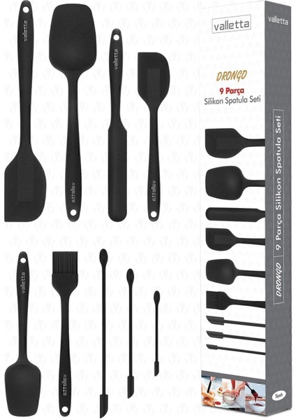 Siyah 9 Parça Silikon Spatula Seti, BPA Free, dayanıklı ve kullanışlı mutfak gereci