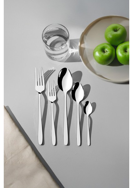 6 Kişilik 30 Parça Sade Çatal Kaşık Takımı, Gümüş, Zarif ve Şık Tasarım