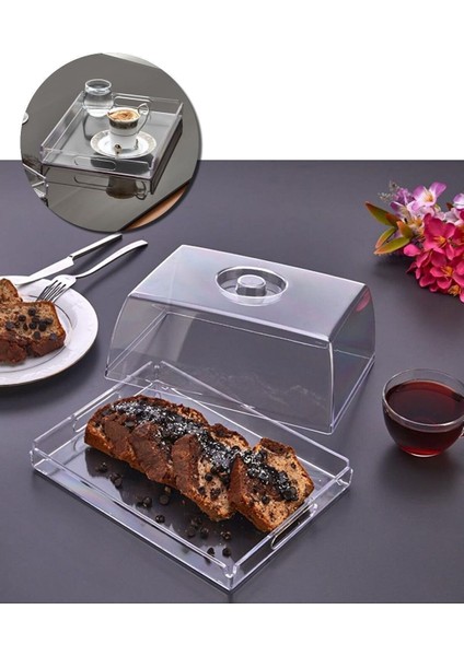 Şık Kristal Tepsili Kek Fanusu Tutma Saplı 25X18 Ikramlık Sunumluk