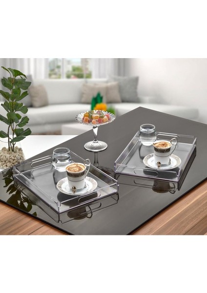 Şık Kristal Tepsili Kek Fanusu Tutma Saplı 25X18 Ikramlık Sunumluk