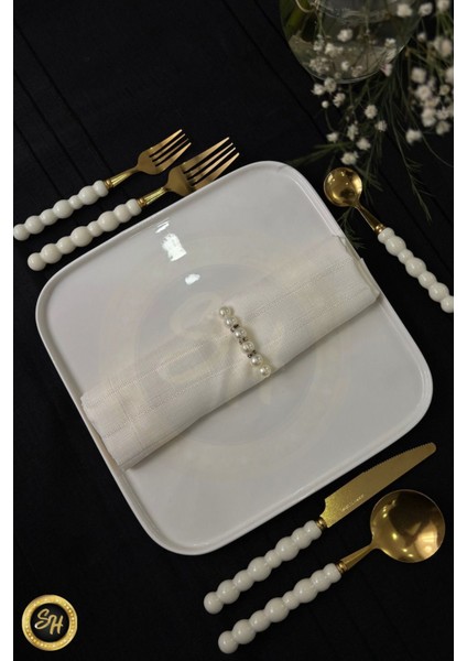 6 Parça Beyaz İnci Taşlı Gold Yemek Çatal Takımı, 6 Kişilik, Paslanmaz Çelik