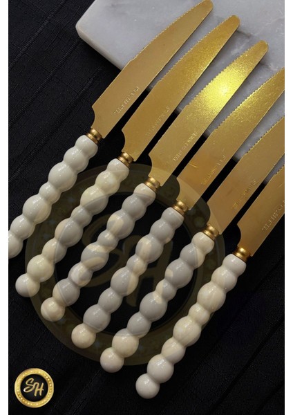 6 Parça Beyaz İnci Taşlı Gold Yemek Çatal Takımı, 6 Kişilik, Paslanmaz Çelik modelleri