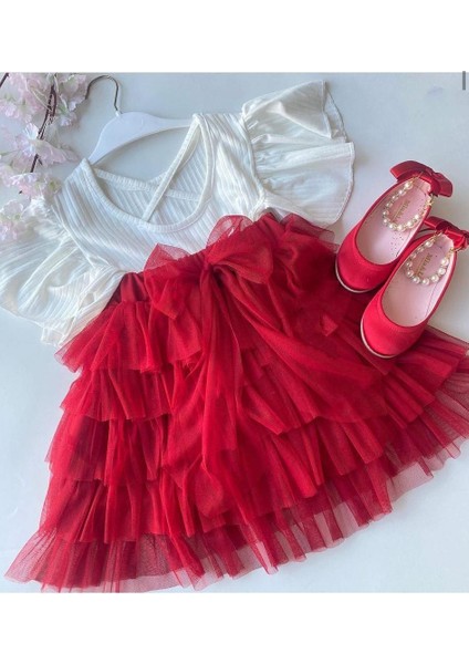 Kız Çocuk Kolları Volanlı Sırtı Çapraz Pamuklu Kırmızı Tütülü Astarlı Beli Lastikli Bağlamalı Etekli Takım