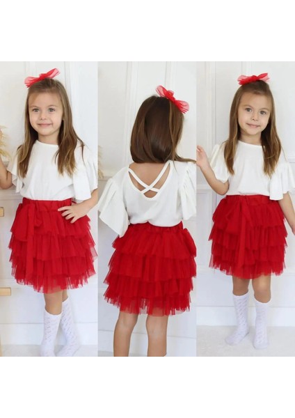 Kız Çocuk Kolları Volanlı Sırtı Çapraz Pamuklu Kırmızı Tütülü Astarlı Beli Lastikli Bağlamalı Etekli Takım fiyatları