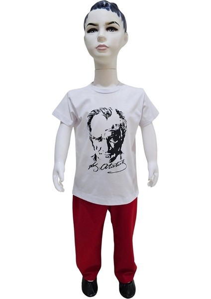 Atatürk Baskılı Beyaz Tişört Kırmızı Pantolon Takım