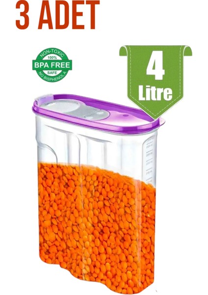 ( 3 Adet ) 4 Litre Renkli Kapaklı Su/hava Geçirmez Kiler/erzak Saklama Kabı/plastik Kilitli