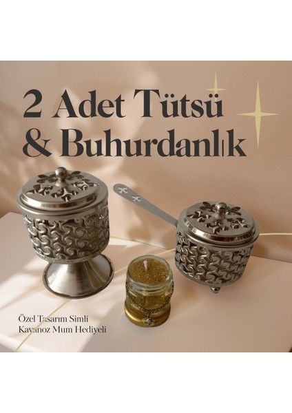 2 Adet Gümüş Renk Şık Tasarımlı Metal Tütsü & Buhurdanlık Seti (Simli Mum Hediyeli) Mod9